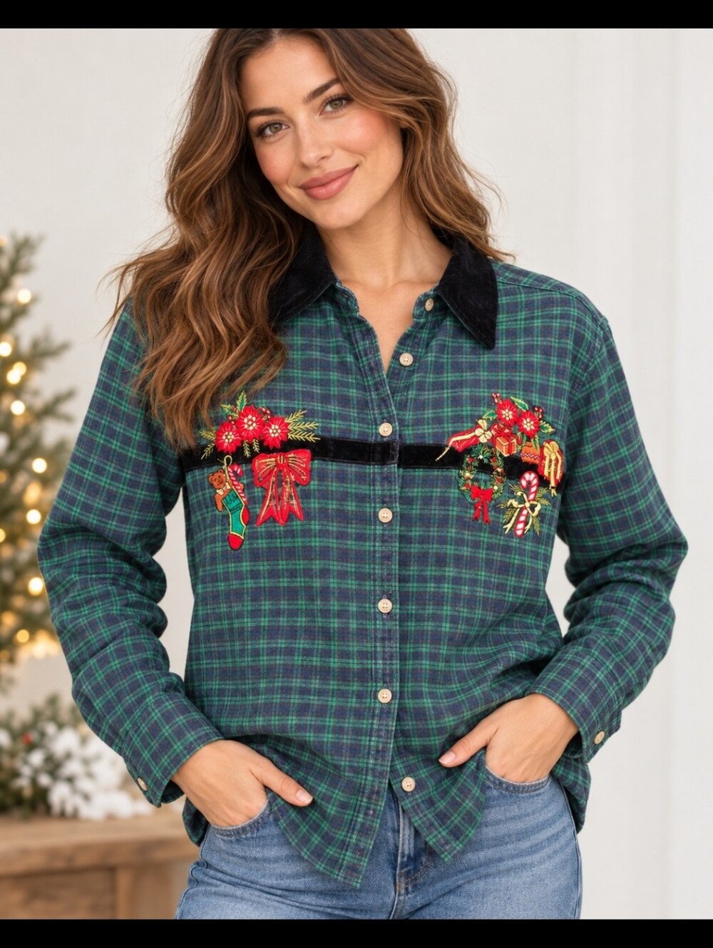 Vintage 90s Nutcracker Christmas Plaid Embroidered Velvet Collar Shirt S